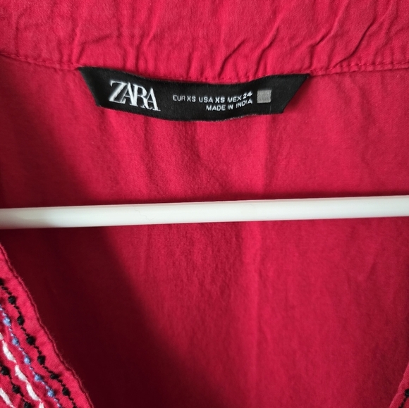 Zara Red Embroidered Poplin Tunic Midi Dress V Neck Short Sleeve XS Oversized - Picture 5 of 5